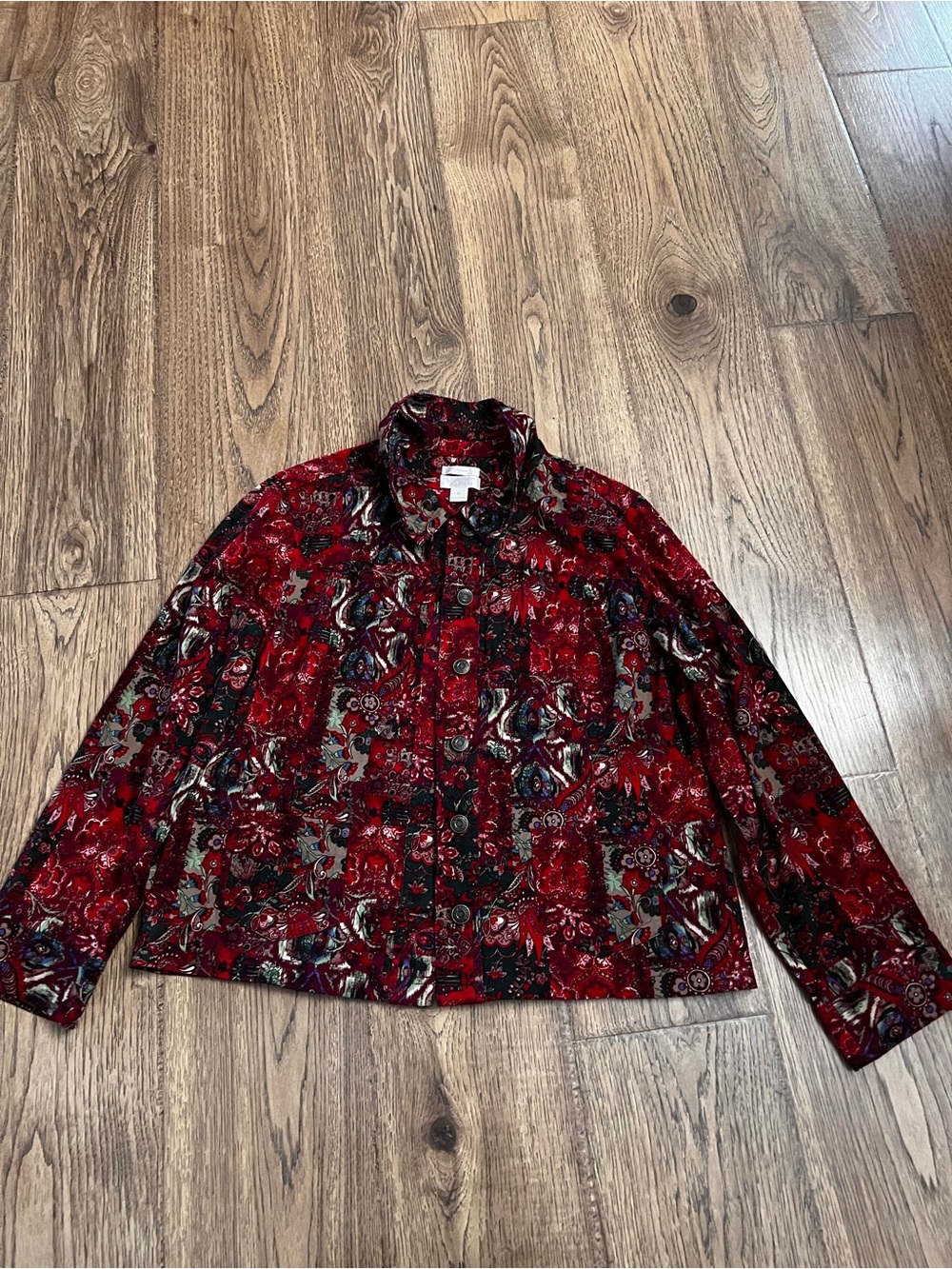 Christopher & Banks Red Floral Velvet Button Jacket